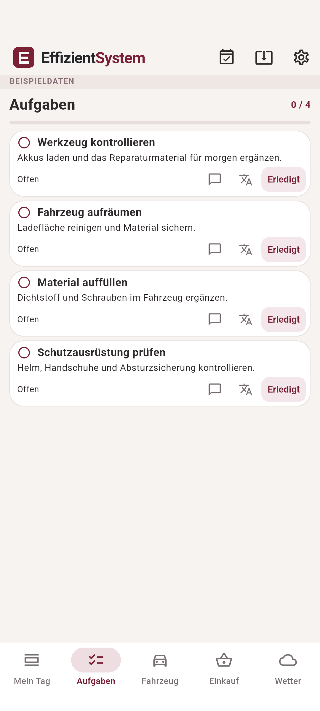 EffizientSystem Mobil: Aufgaben mit fiktiven Beispieldaten
