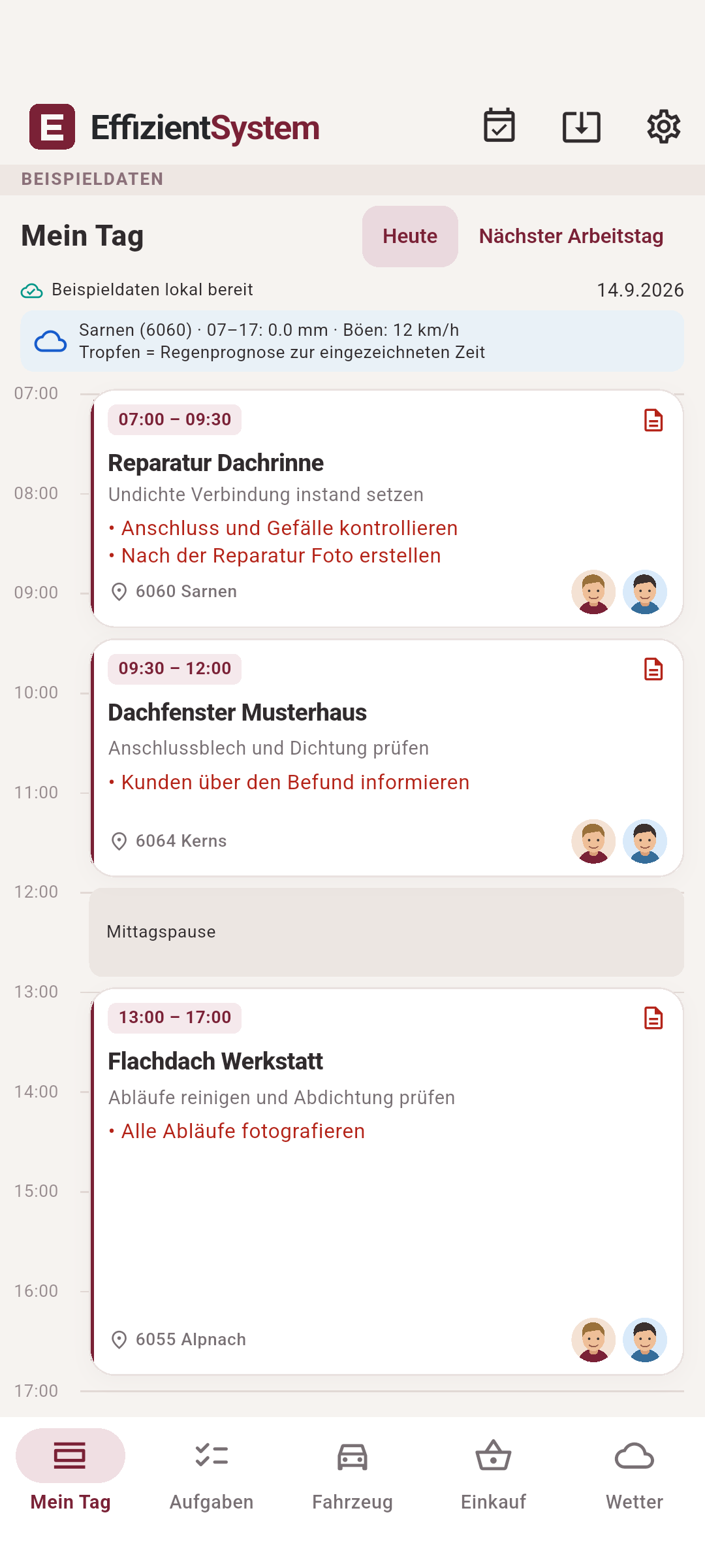 EffizientSystem Mobil: Mein Tag mit fiktiven Beispieldaten