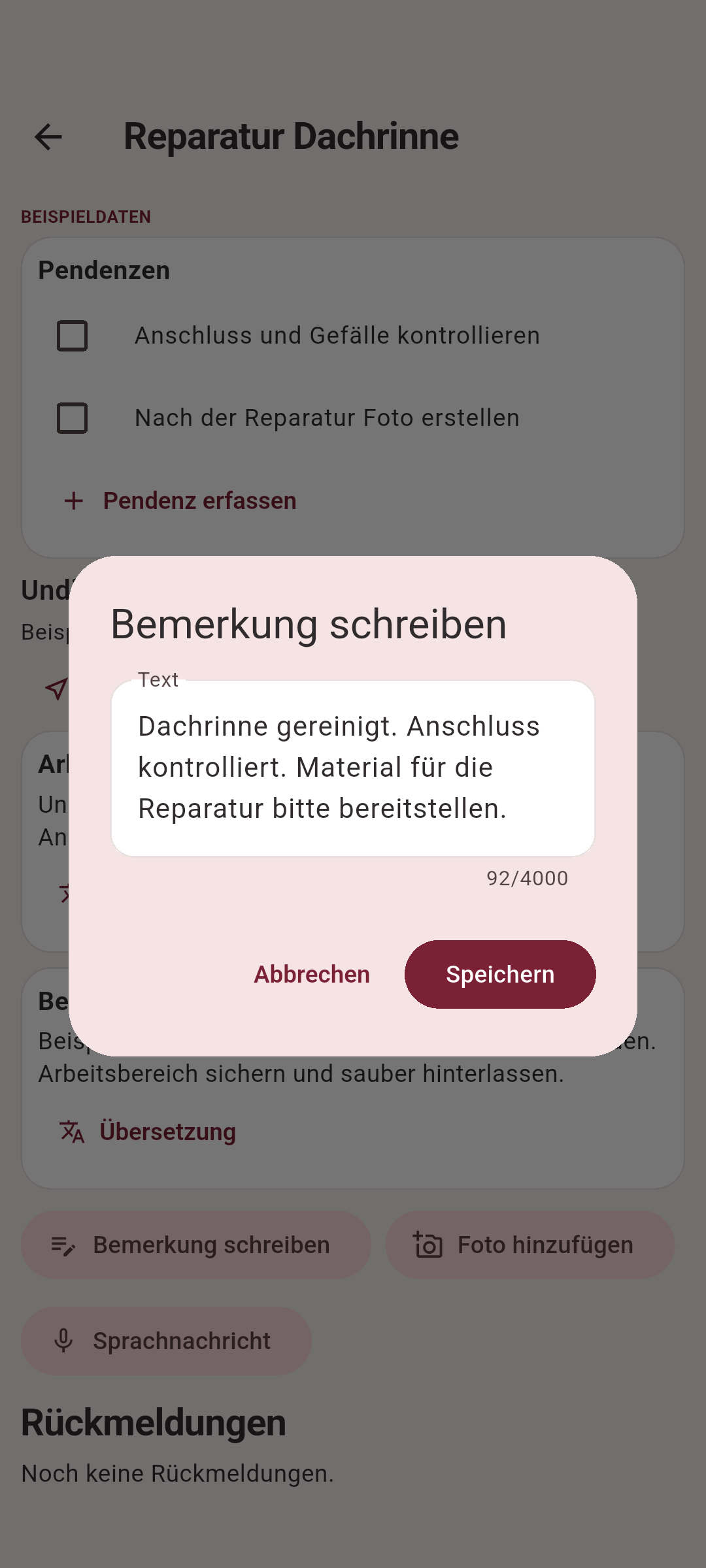 EffizientSystem Mobil: Rückmeldungen mit fiktiven Beispieldaten